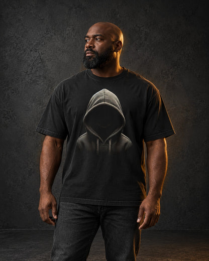 Nobody Home Tee, worn, front print, black — AI-generated visual