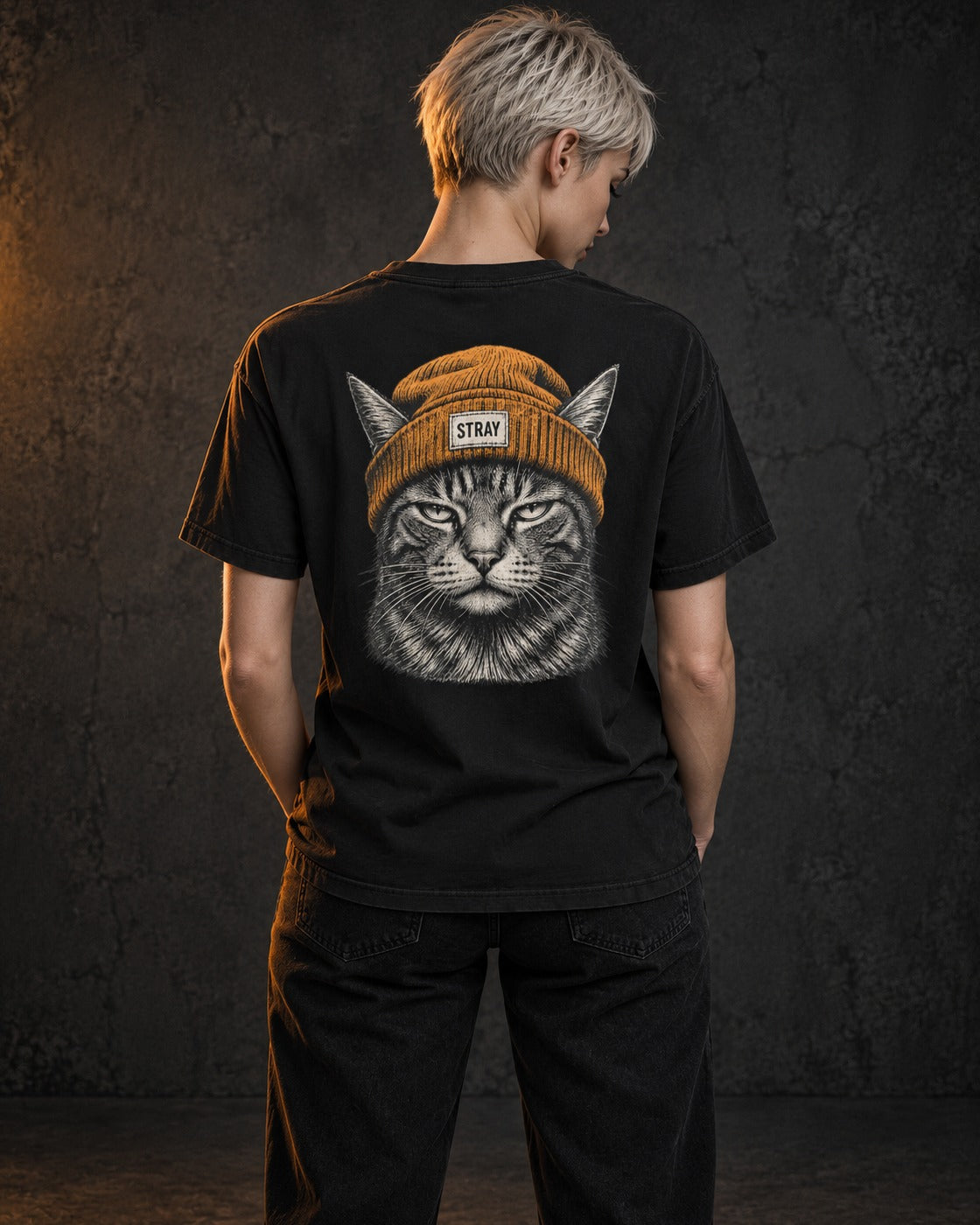 Beanie Cat Tee Ember, worn, back print, black — AI-generated visual