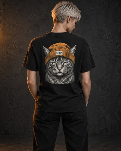 Beanie Cat Tee Ember, worn, back print, black — AI-generated visual