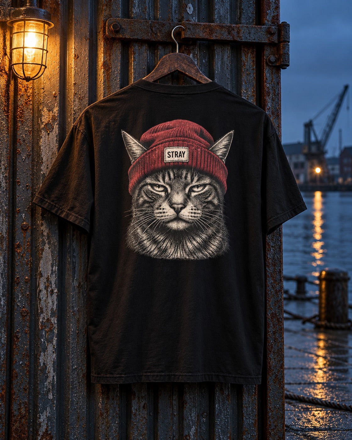 Beanie Cat Tee Rogue, back print, black, hanging on a rusted door at the harbour with cranes behind at night — AI-generated visual
