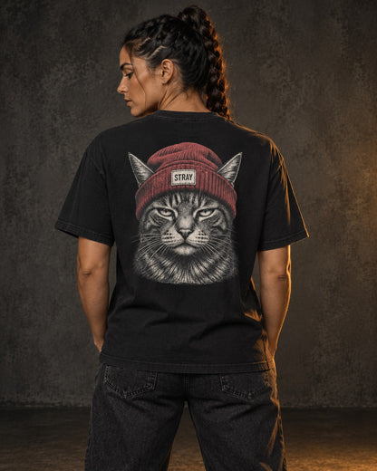 Beanie Cat Tee Rogue, worn, back print, black — AI-generated visual