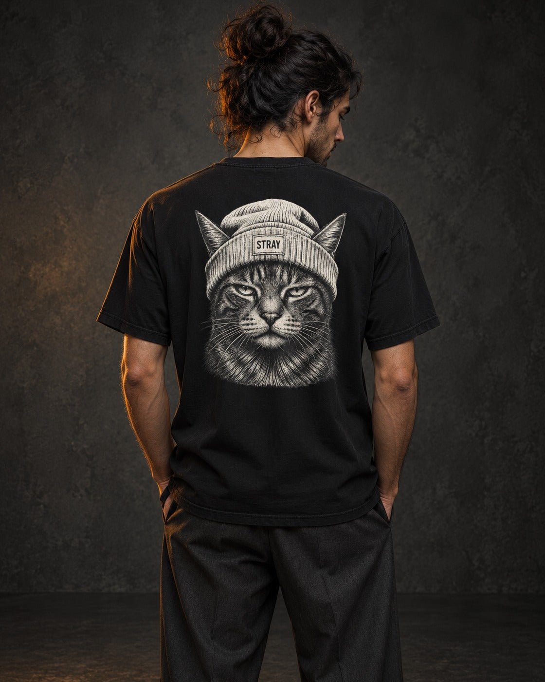 Beanie Cat Tee Ghost, worn, back print, black — AI-generated visual