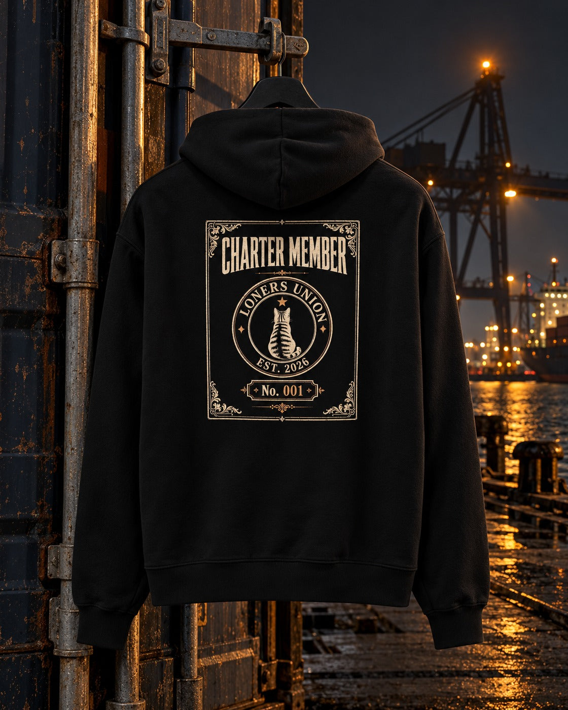 Charter Member Hoodie, back print, black, hanging on a rusted container door at the harbour with gantry cranes at night — AI-generated visual