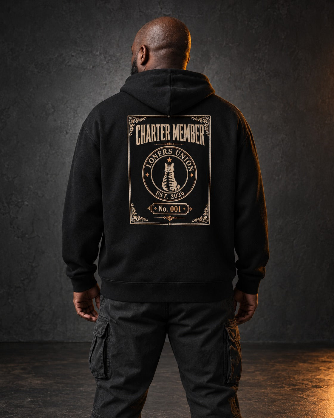 Charter Member Hoodie, worn, back print, black — AI-generated visual