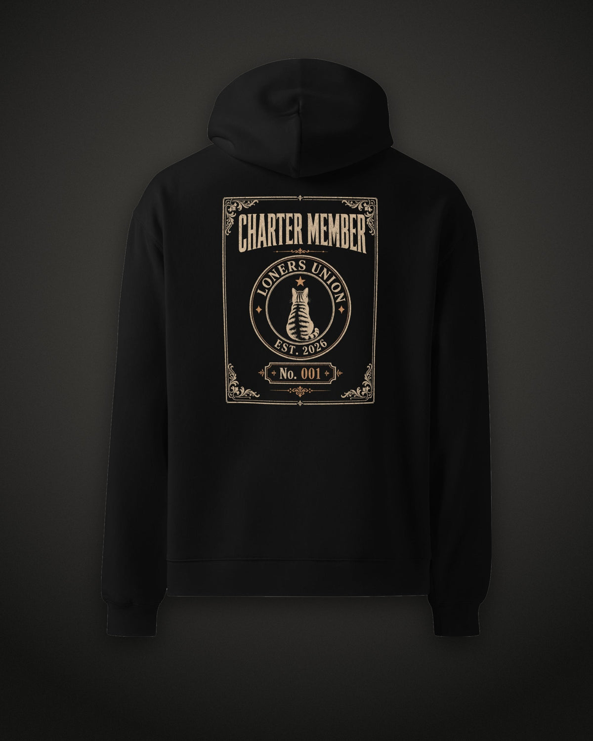 Charter Member Hoodie, back print, Loners Union charter No. 001, black