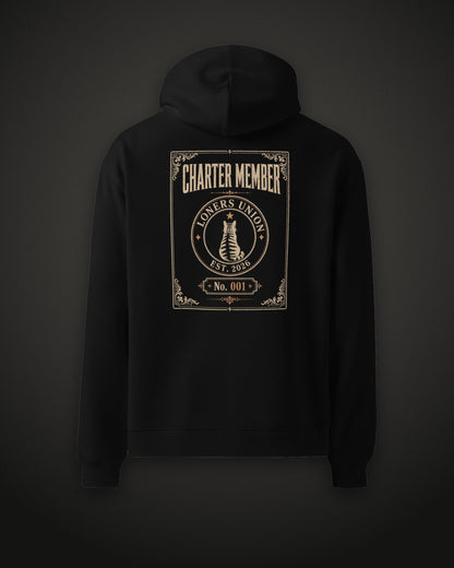 Charter Member Hoodie, back print, Loners Union charter No. 001, black