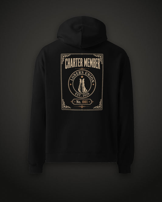 Charter Member Hoodie, back print, Loners Union charter No. 001, black