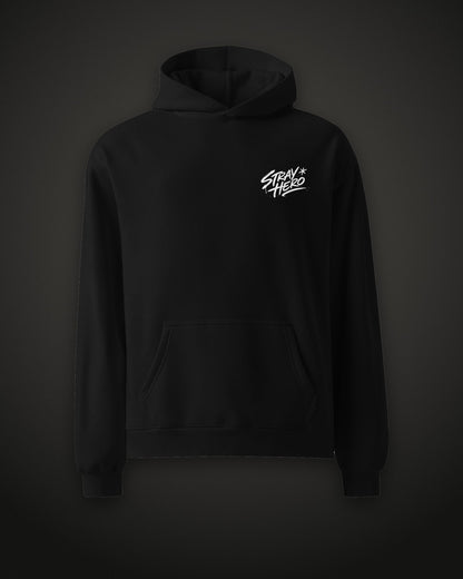 Charter Member Hoodie, front, Stray Hero script logo, black