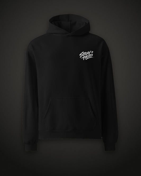 Charter Member Hoodie, front, Stray Hero script logo, black