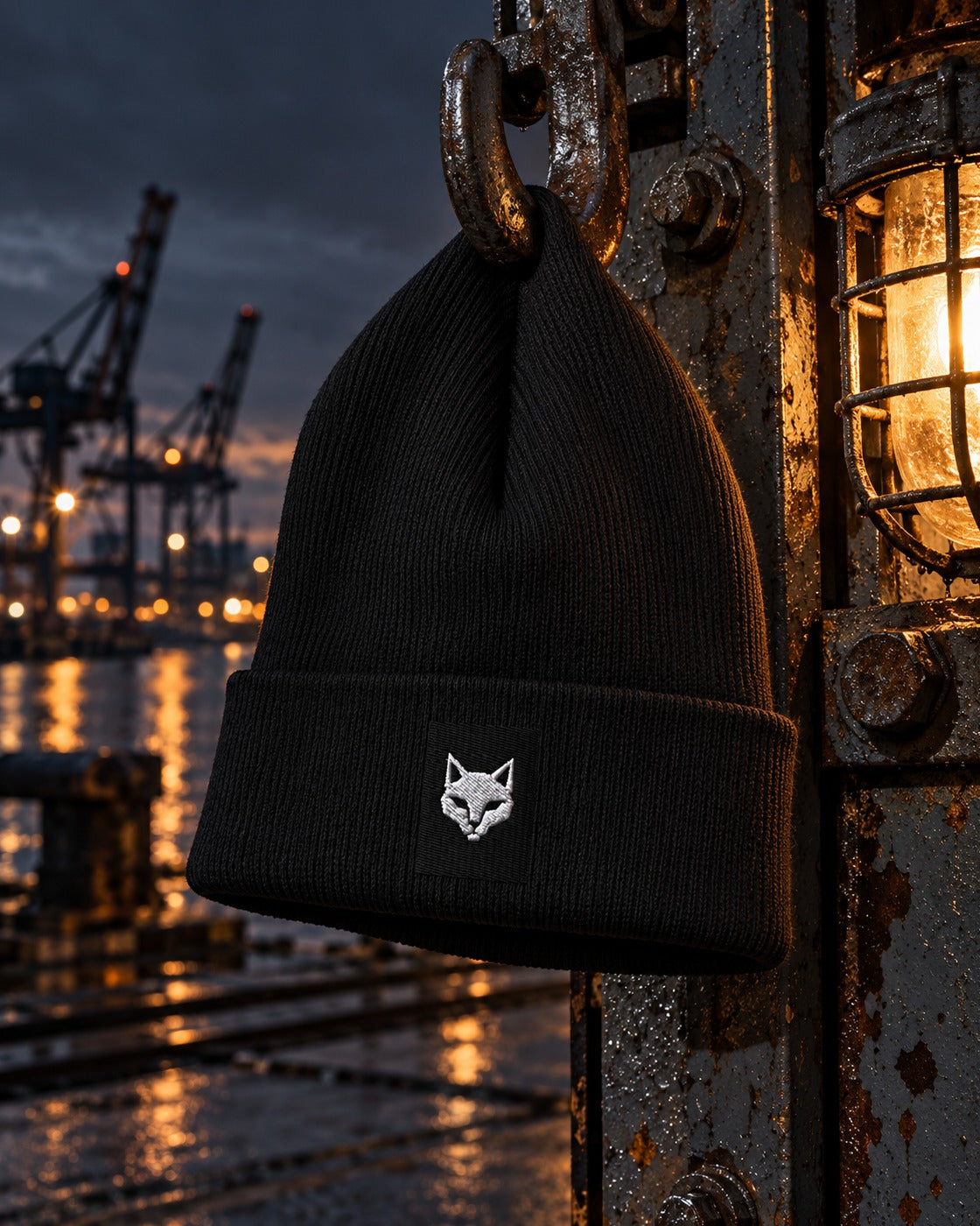 Lookout Beanie, front embroidery, black, hanging from a rusty shackle beside a ship lantern at the harbour at dusk — AI-generated visual