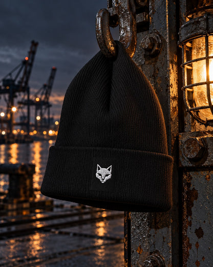 Lookout Beanie, front embroidery, black, hanging from a rusty shackle beside a ship lantern at the harbour at dusk — AI-generated visual