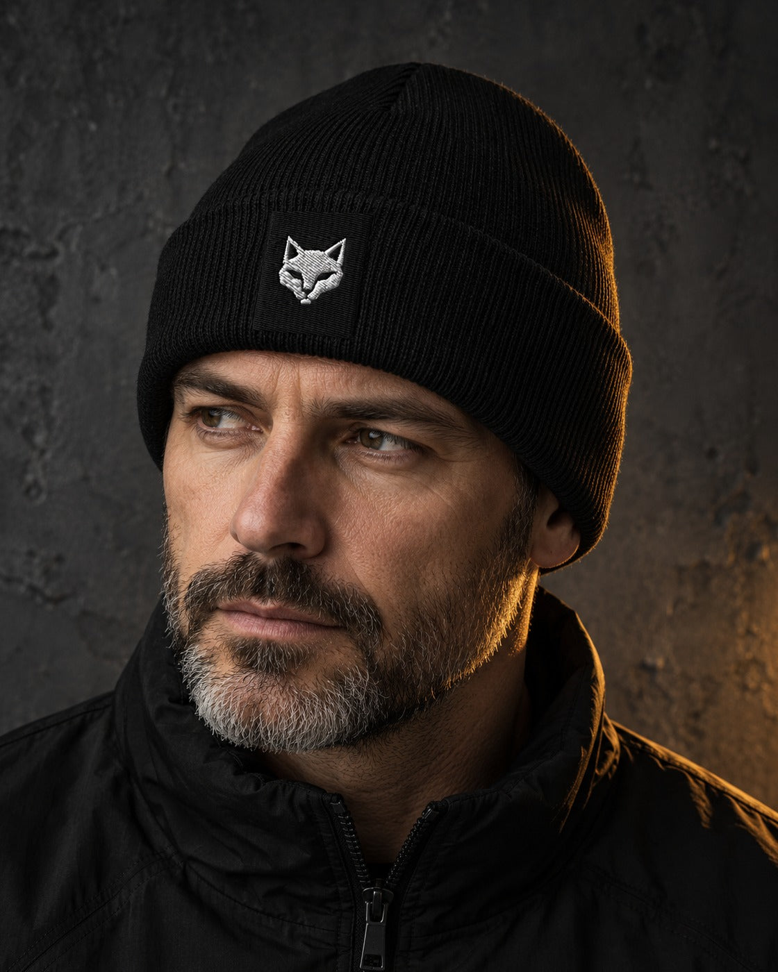 Lookout Beanie, worn, front embroidery, black — AI-generated visual