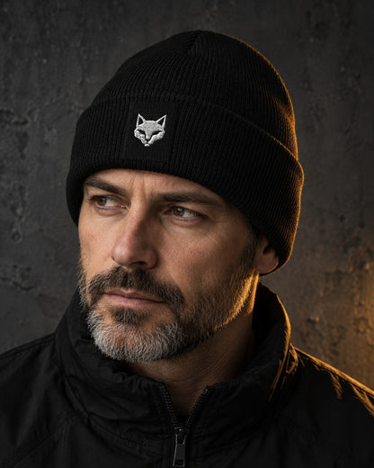 Lookout Beanie, worn, front embroidery, black — AI-generated visual