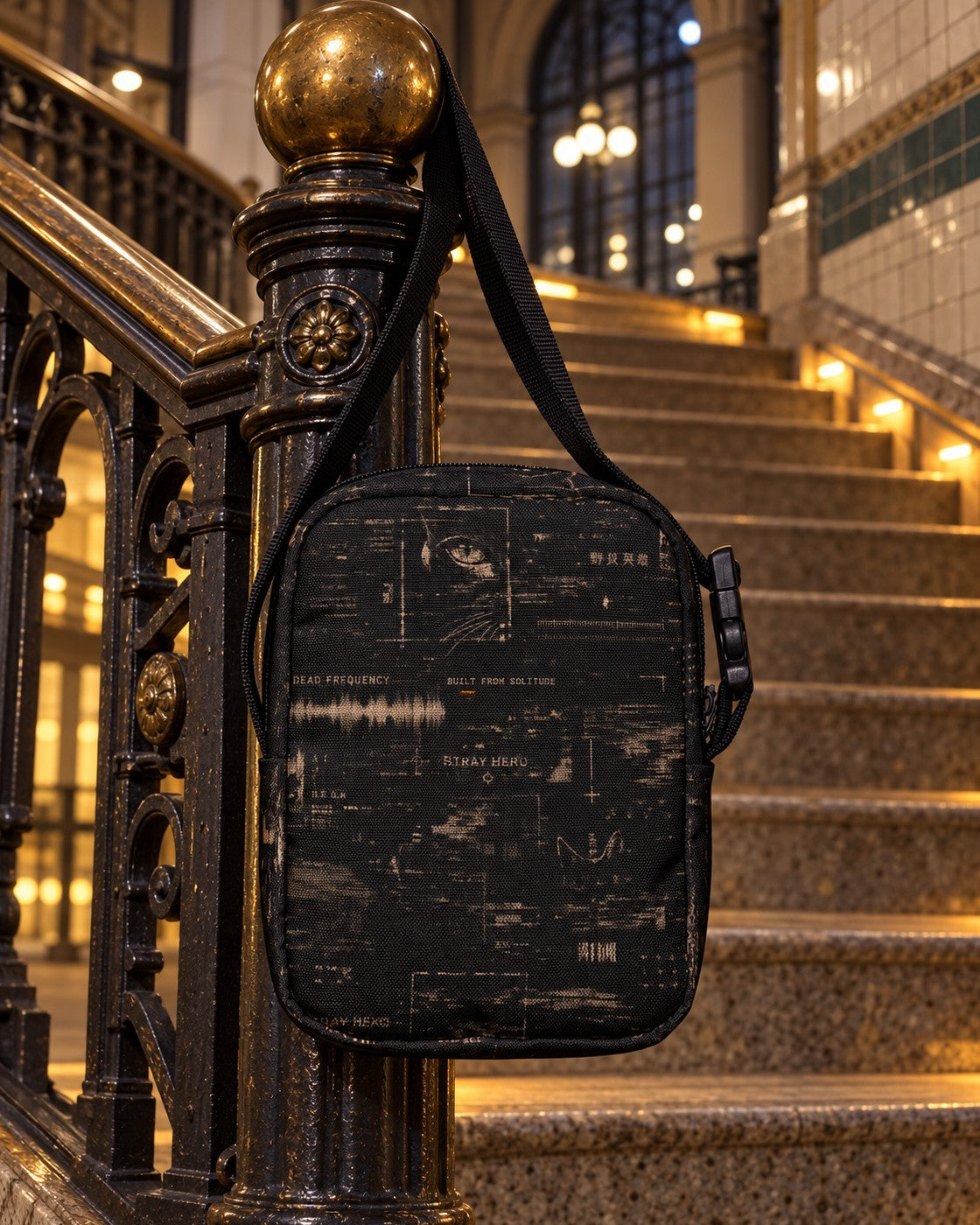 Departure Board Crossbody Bag, all-over print, hanging from a brass newel post on a station staircase at night — AI-generated visual
