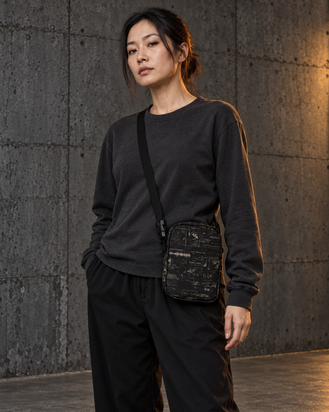 Departure Board Crossbody Bag, worn crossbody, all-over print — AI-generated visual