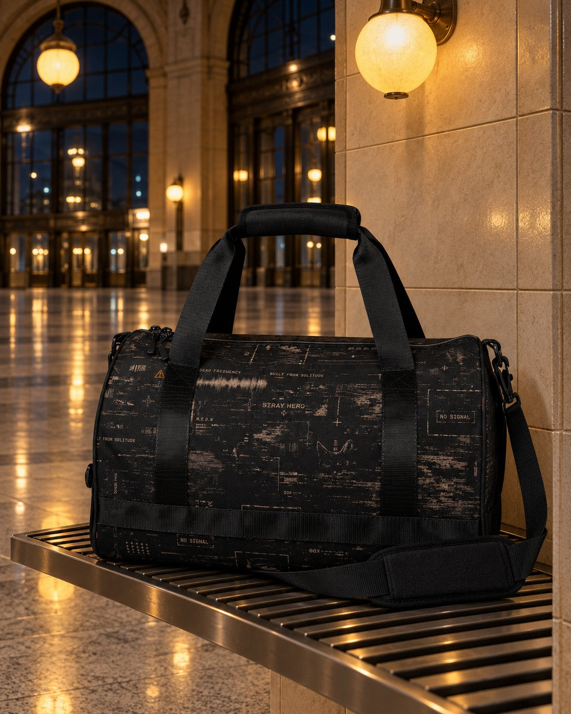 Departure Board Duffle Bag, all-over print, on a metal bench in a station hall at night — AI-generated visual