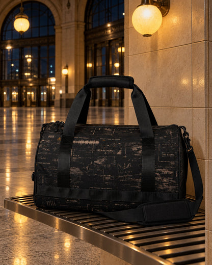 Departure Board Duffle Bag, all-over print, on a metal bench in a station hall at night — AI-generated visual