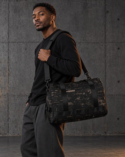 Departure Board Duffle Bag, carried on the shoulder, all-over print — AI-generated visual
