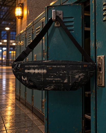 Departure Board Hip Bag, all-over print, hanging from a luggage locker in a station hall at night — AI-generated visual