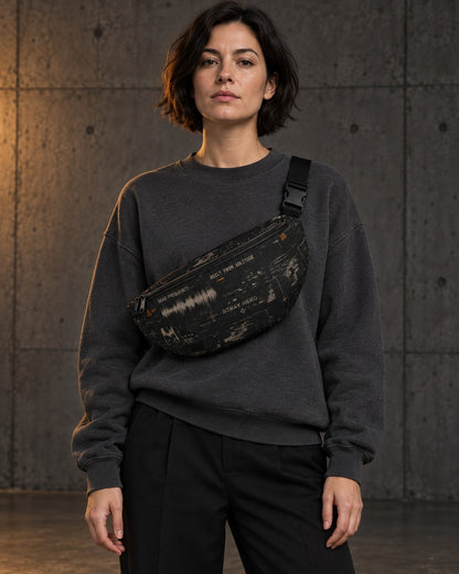 Departure Board Hip Bag, worn across the chest, all-over print — AI-generated visual
