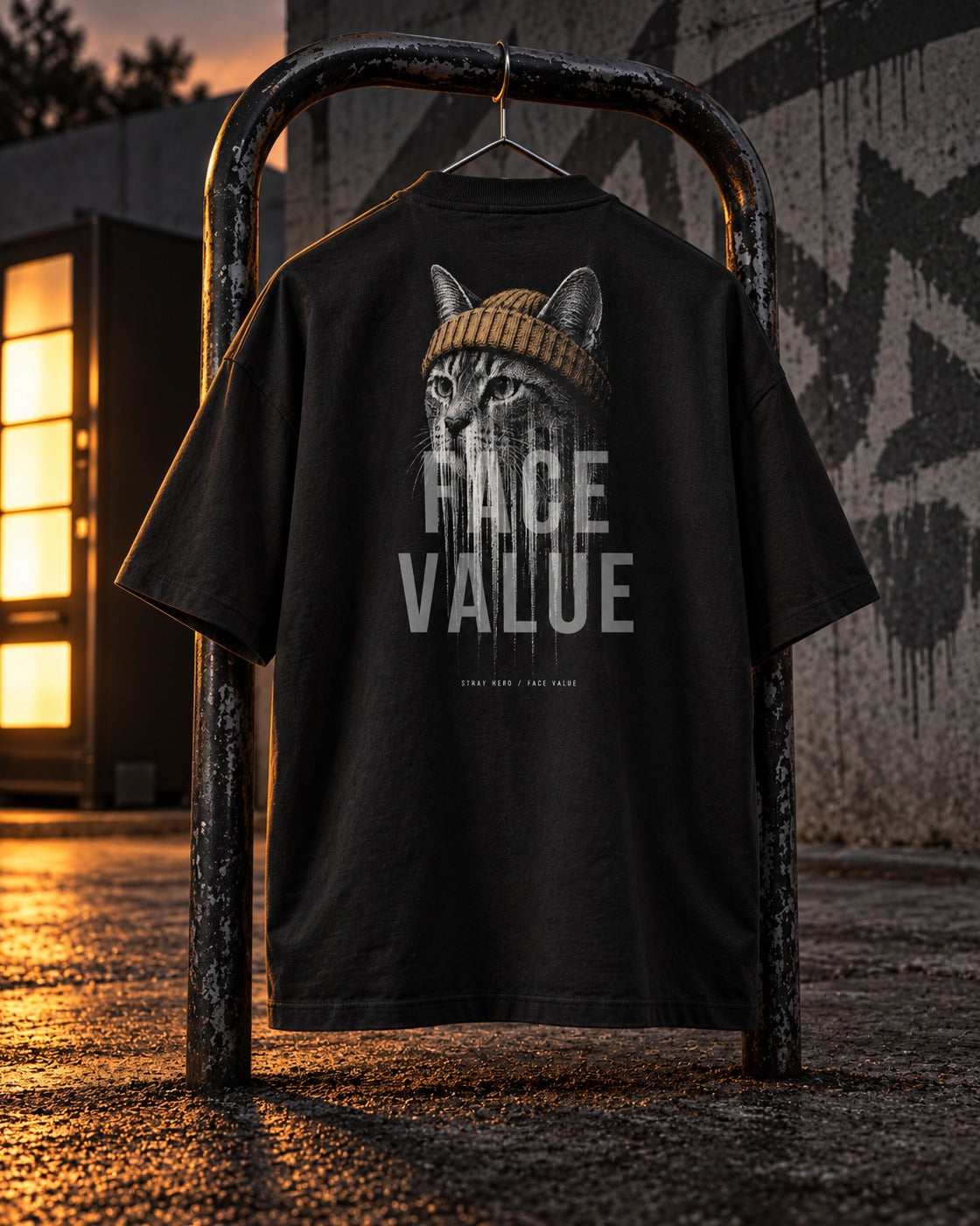 Didn't Look Away Oversized Tee, back print, black, hanging on a metal rail in front of a graffiti wall at dusk — AI-generated visual