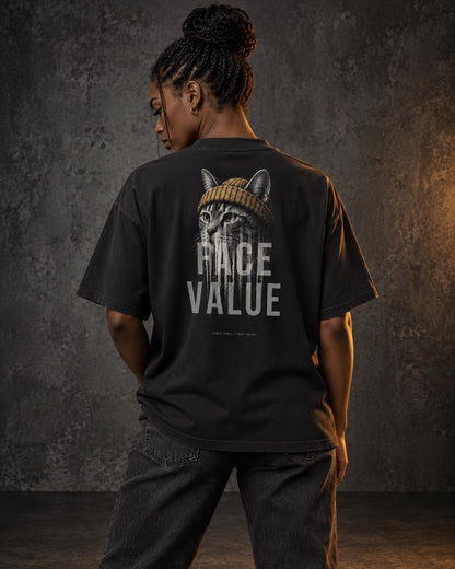 Didn't Look Away Oversized Tee, worn, back print, black — AI-generated visual
