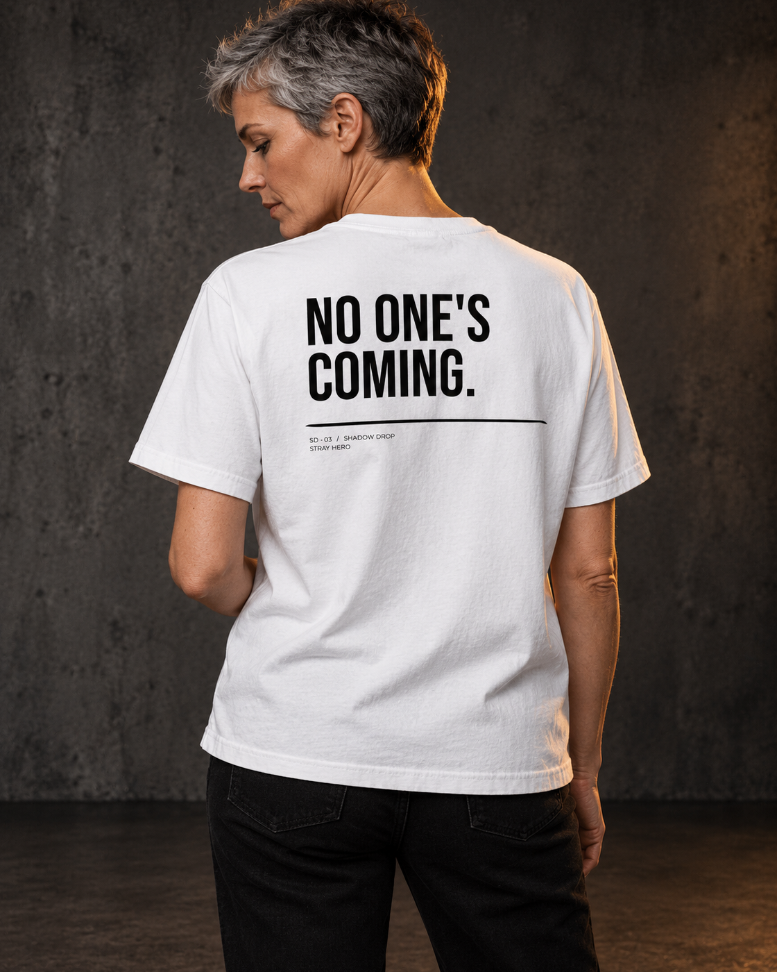 No One's Coming Tee White, worn, back print, white — AI-generated visual