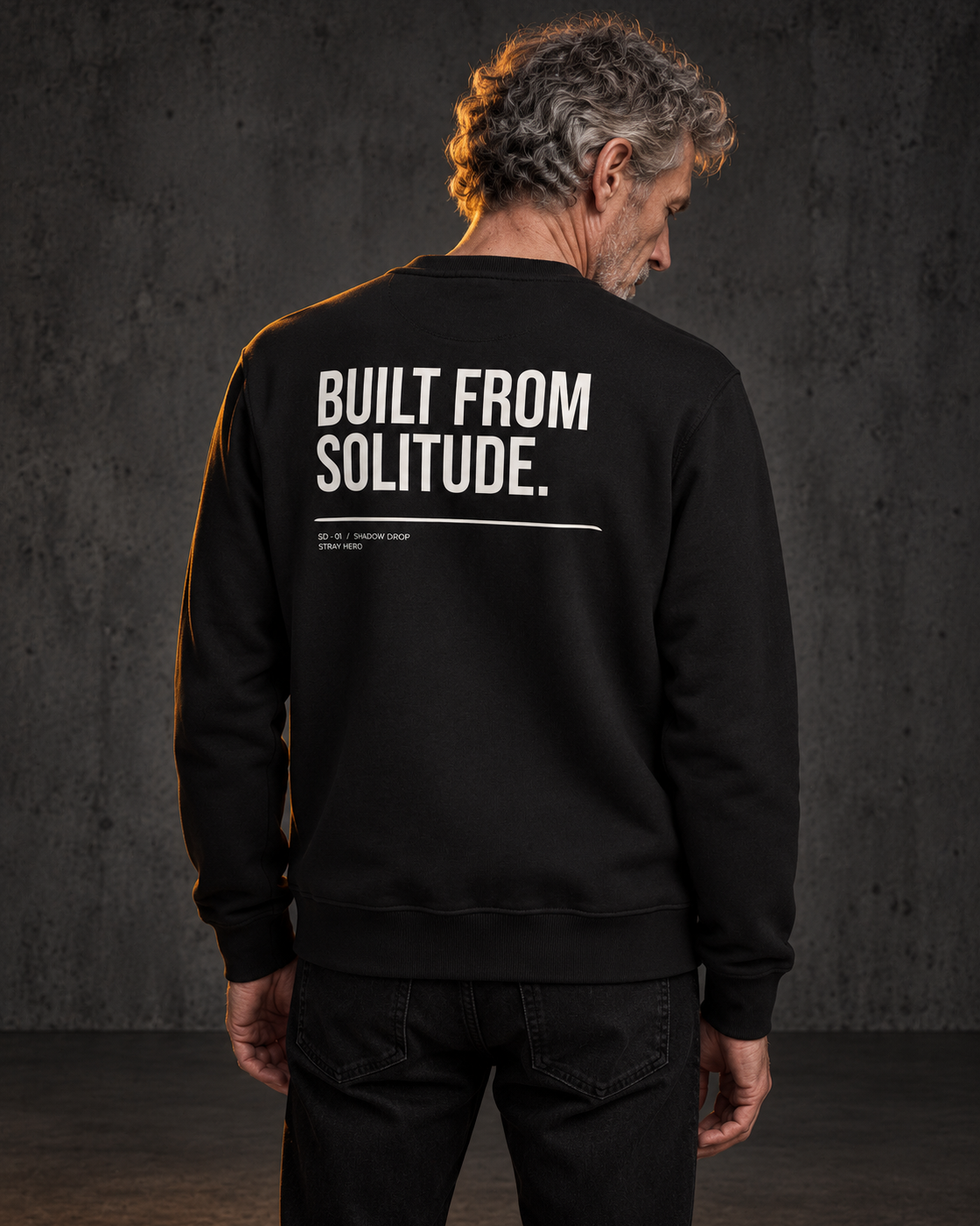 Built From Solitude Sweatshirt, worn, back print, black — AI-generated visual