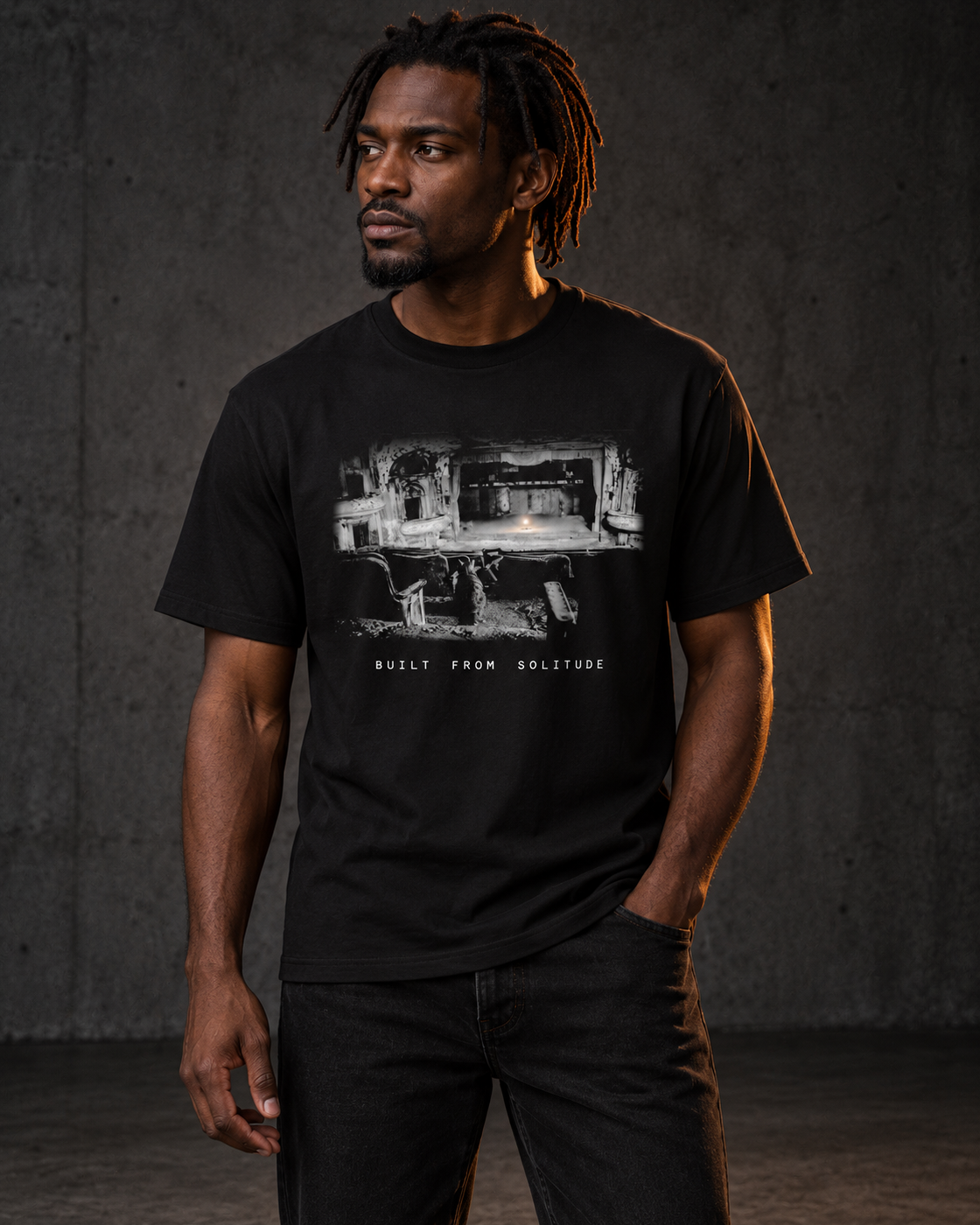Built From Solitude The Theatre, worn, front print, black — AI-generated visual