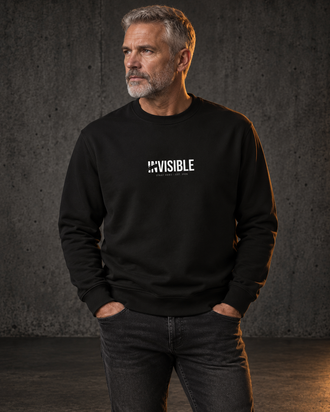 Invisible Sweatshirt, worn, front print, black — AI-generated visual