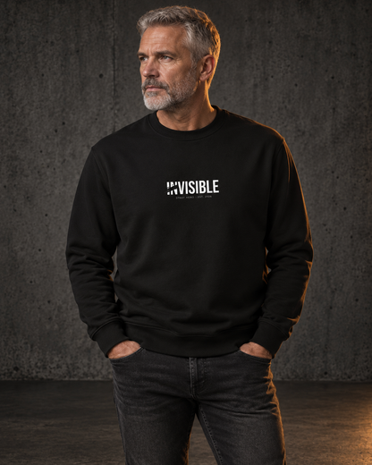 Invisible Sweatshirt, worn, front print, black — AI-generated visual
