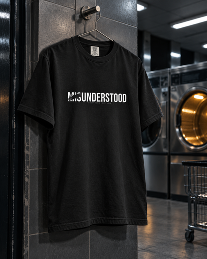Misunderstood Tee, front print, black, hanging in a laundromat at night — AI-generated visual
