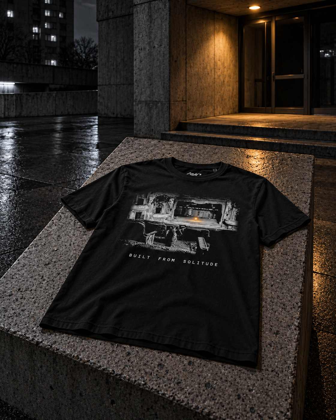 Built From Solitude The Theatre, front print, black, laid on a concrete ledge outside a brutalist building — AI-generated visual