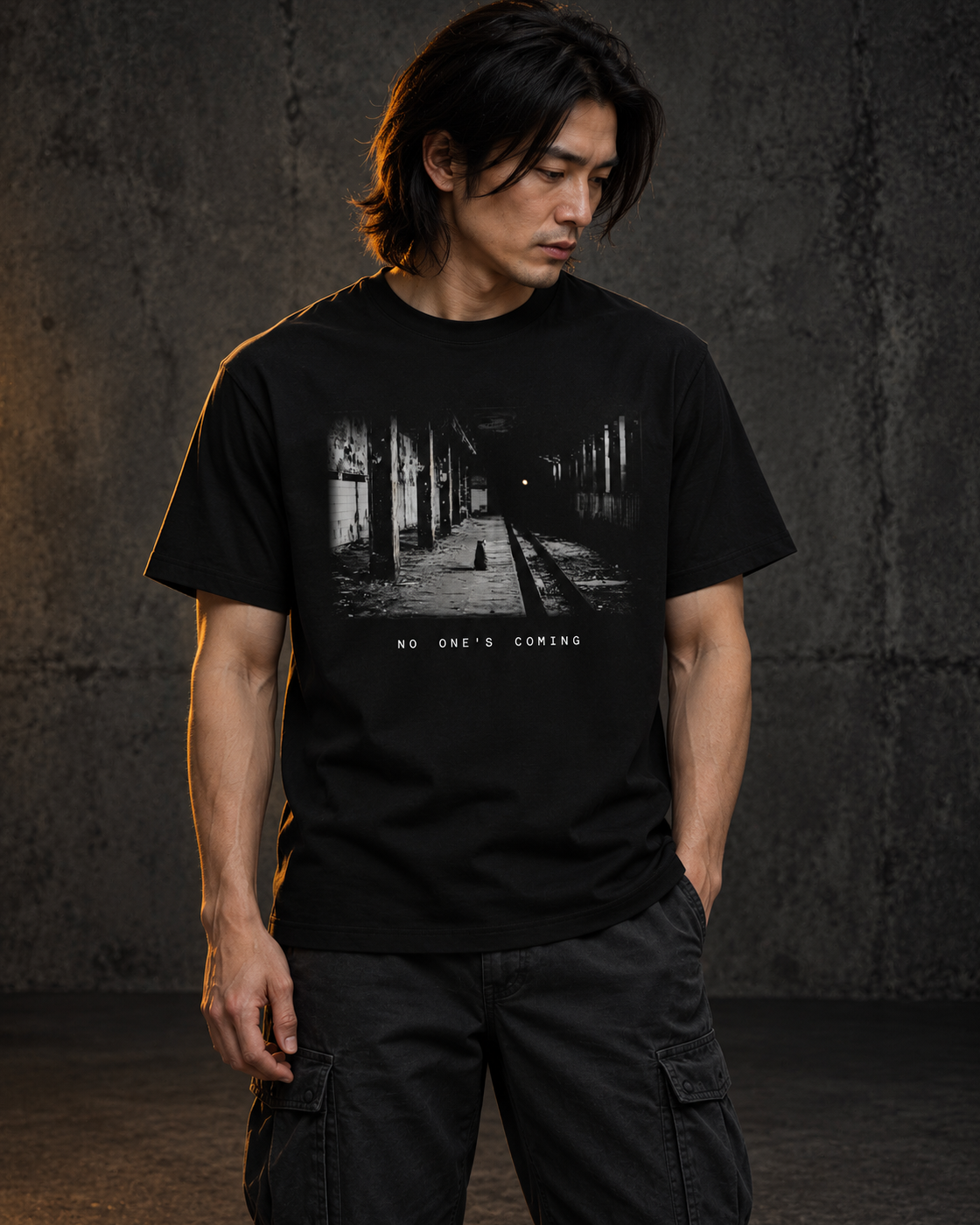 No One's Coming The Underground, worn, front print, black — AI-generated visual