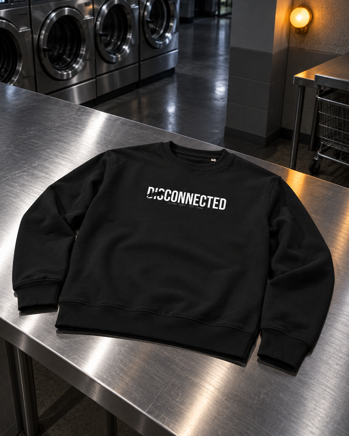 Disconnected Sweatshirt, front print, black, laid on a steel counter in a laundromat — AI-generated visual