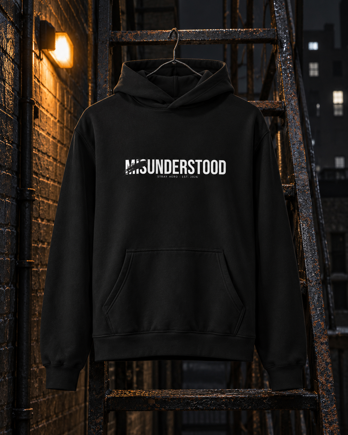 Misunderstood Hoodie, front print, black, hanging on a fire escape in a backyard at night — AI-generated visual