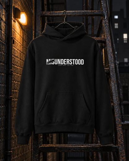 Misunderstood Hoodie, front print, black, hanging on a fire escape in a backyard at night — AI-generated visual