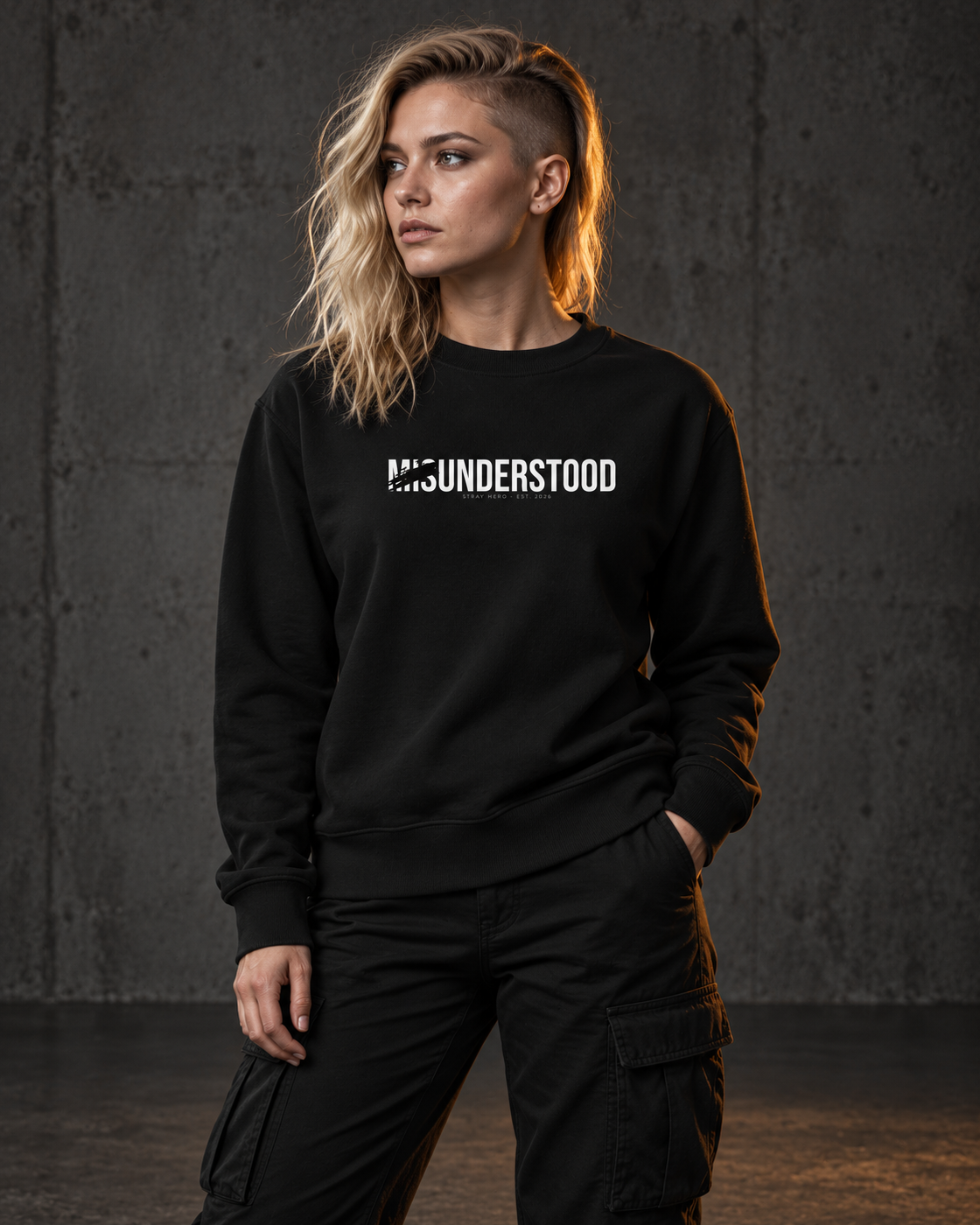 Misunderstood Sweatshirt, worn, front print, black — AI-generated visual
