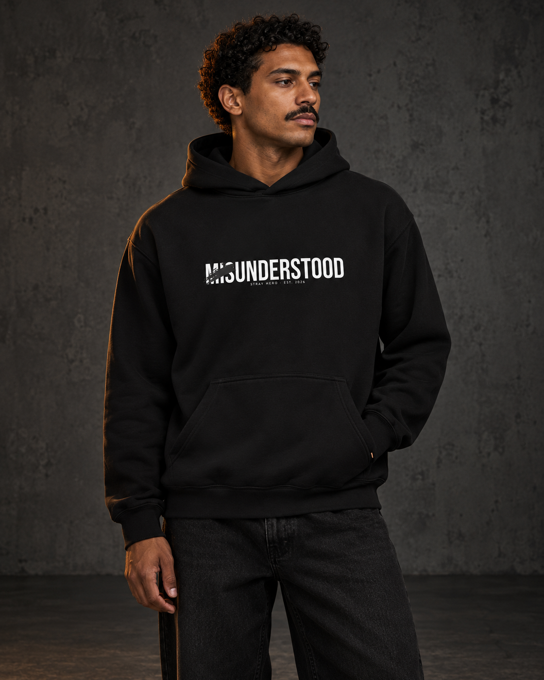Misunderstood Hoodie, worn, front print, black — AI-generated visual