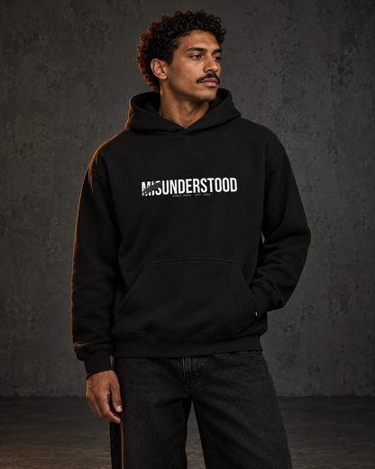 Misunderstood Hoodie, worn, front print, black — AI-generated visual