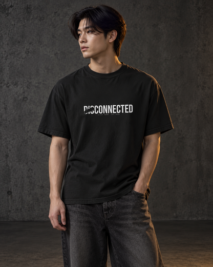 Disconnected Tee, worn, front print, black — AI-generated visual