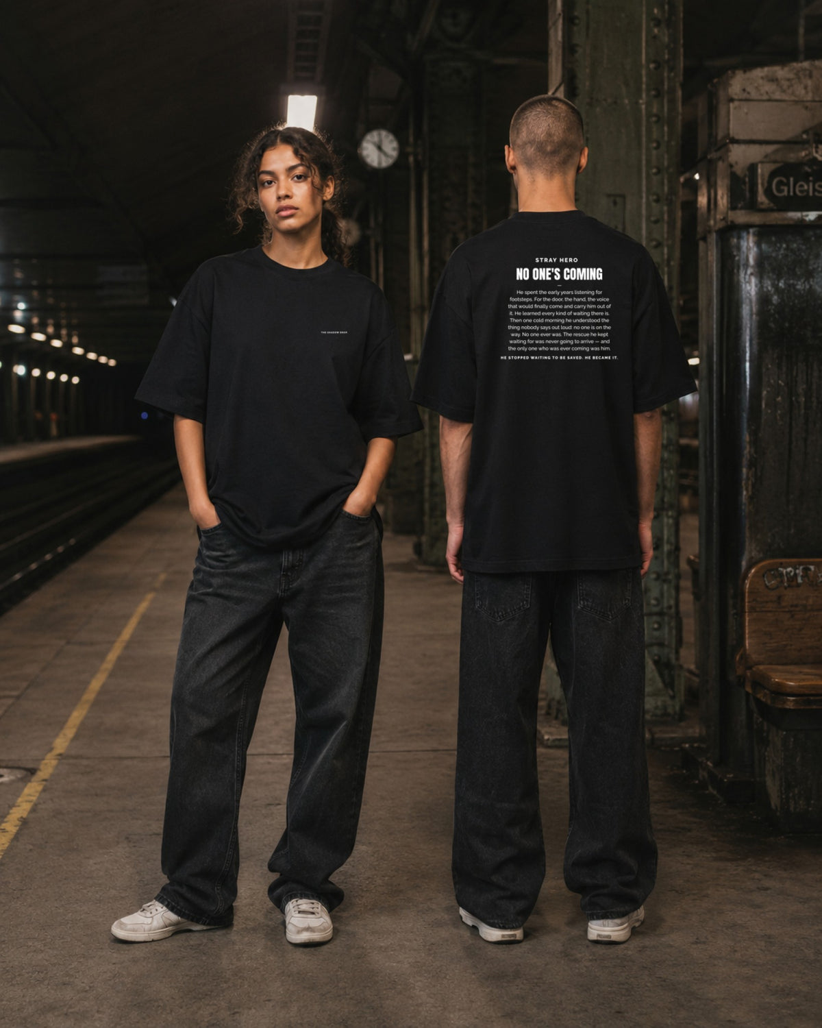 No One's Coming Story Tee Black — Lifestyle — AI-generated visual