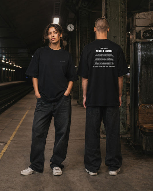 No One's Coming Story Tee Black — Lifestyle — AI-generated visual