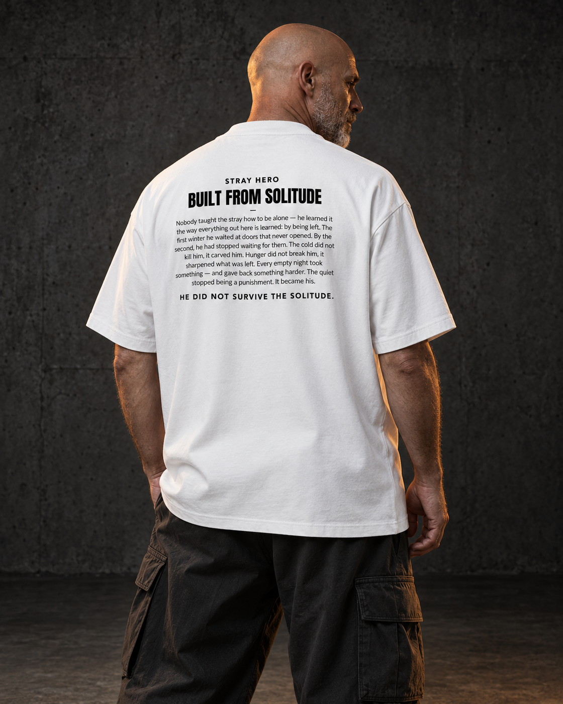 Built From Solitude Story Tee White, worn, back print, white — AI-generated visual