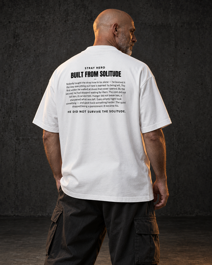 Built From Solitude Story Tee White, worn, back print, white — AI-generated visual
