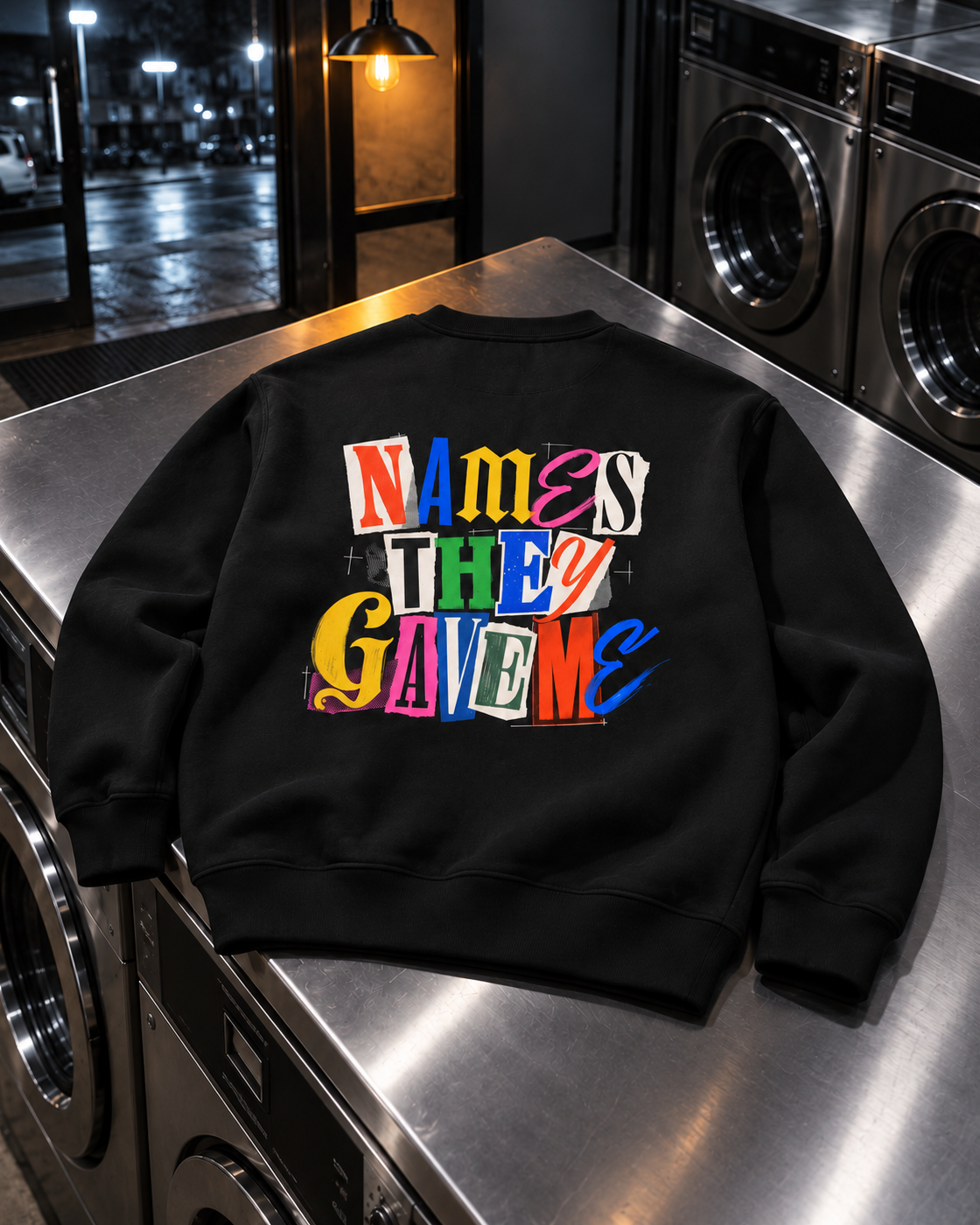 Names They Gave Me Sweatshirt, back print, black, laid on a steel counter in a laundromat — AI-generated visual