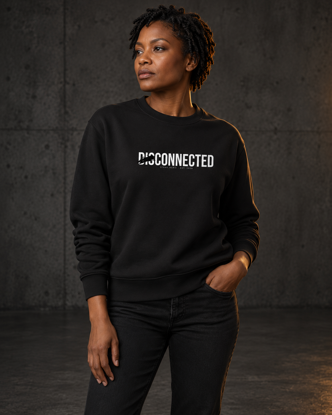 Disconnected Sweatshirt, worn, front print, black — AI-generated visual