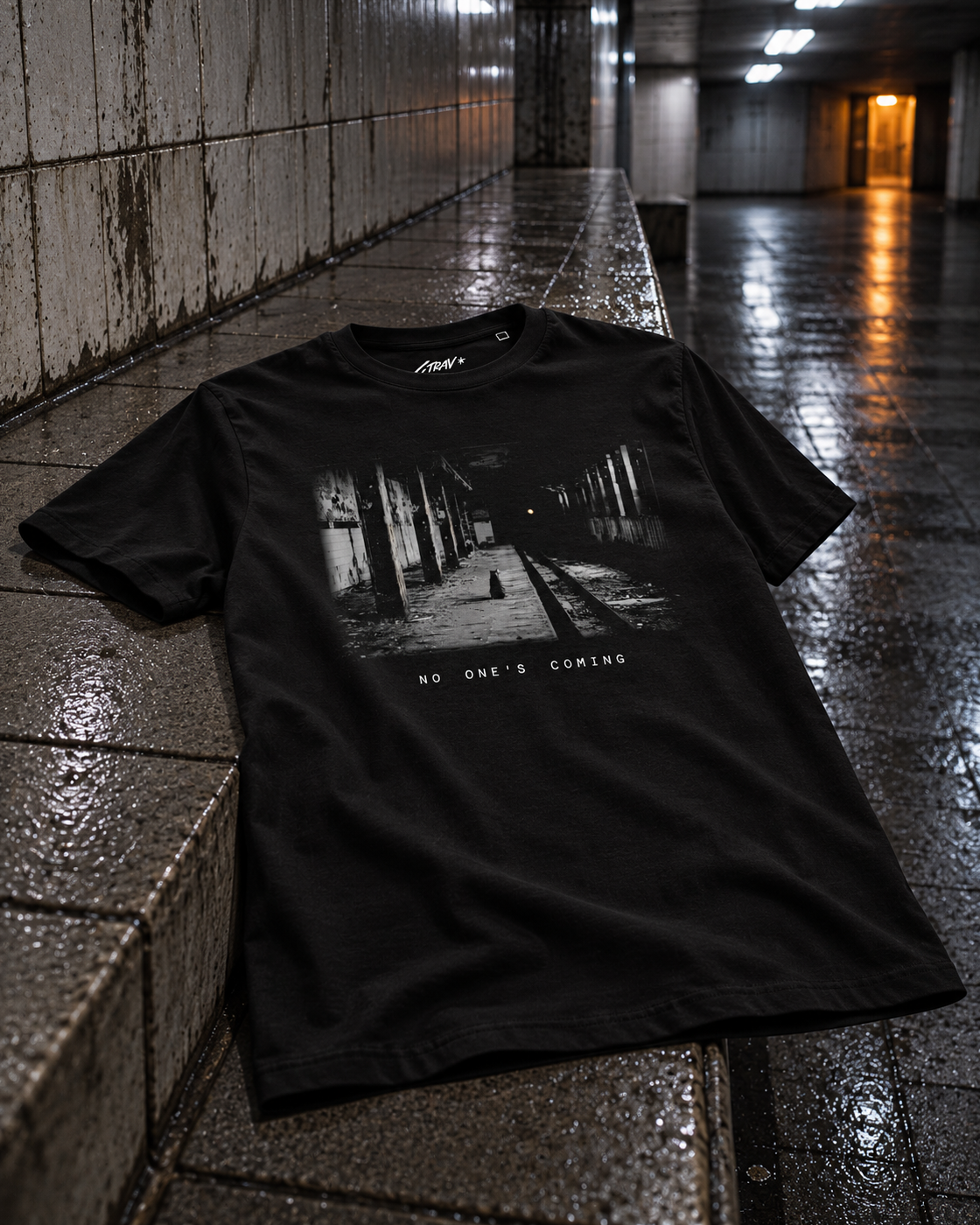 No One's Coming The Underground, front print, black, laid on a stone ledge in an underpass — AI-generated visual