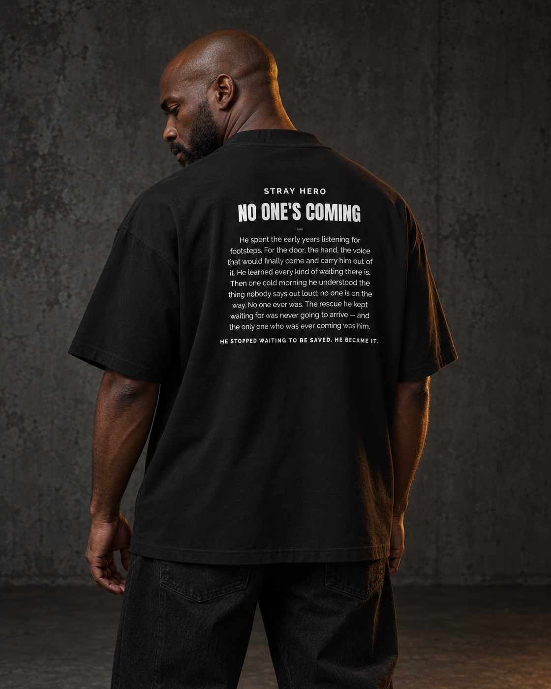 No One's Coming Story Tee Black, worn, back print, black — AI-generated visual