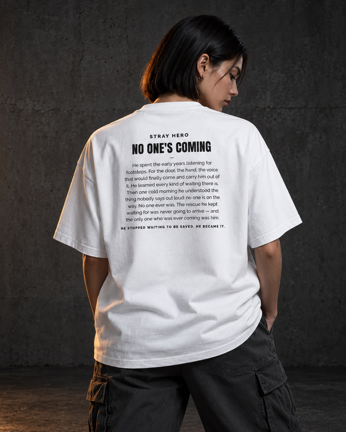No One's Coming Story Tee White, worn, back print, white — AI-generated visual